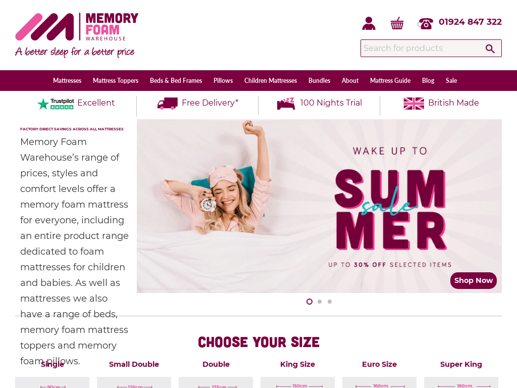 Memory Foam Warehouse Website Screenshot